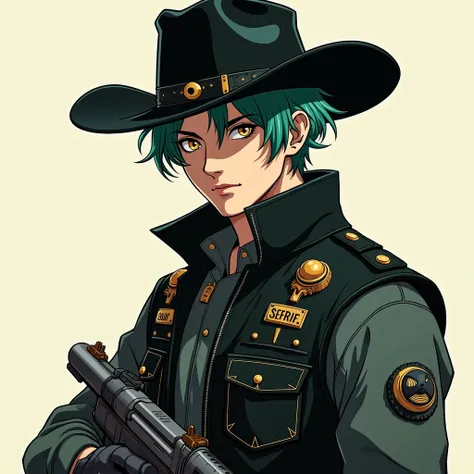 

Imagine a male sheriff with a unique and charming style,  with short hair an intense dark teal green ,  that captures light in an intriguing way .  Her skin is pale ,  creating a strong contrast with the liveliness of his hair . His eyes,  of a deep dark...