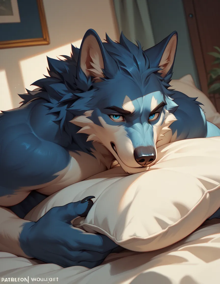 Solo wolf male fur color blue light erection solo on bed blue eyes