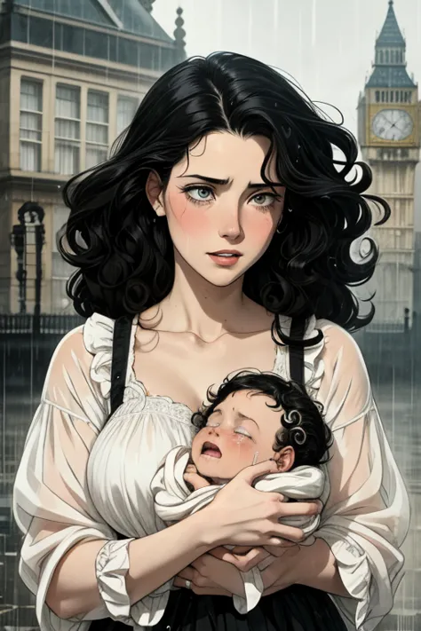 close-up of a young white woman ,  with curly black hair and distressed ,  holding a crying newborn baby, black and white manga ...