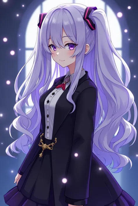 1woman, solo,  tall female, mature female, curvy, solo, long hair, wavy hair, Hatsune Miku, hair between eyes, violet eyes, detailed eyes, crystal eyes, light purple makeup, delicate smile, black coat, (ornated shirt), gothic, long sleeves, necklace, looki...