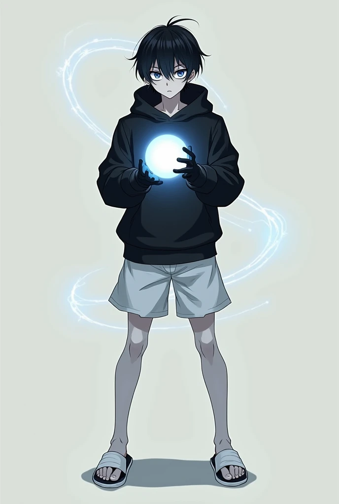  create a character with the following characteristics:
 black hair ,  anime character male with medium height ,  big eye with evil features ,  whitish skin , sweatshirt sweatshirt all black ,  all-white soccer shorts , white slipper, Black glove,  him hol...