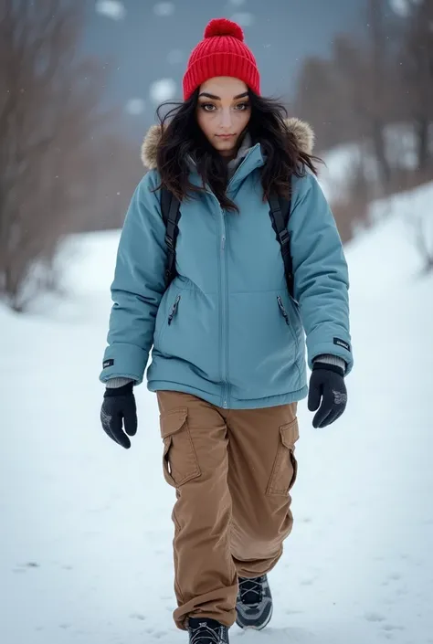    Real human photo, Fika is a young woman with shoulder length  wavy  black hair and fair skin. She has well-defined eyebrows, large black eyes,  . Wearing plain zipped light blue winter jacket, brown cargo pant, red beannie, black montain  shoua .she is ...