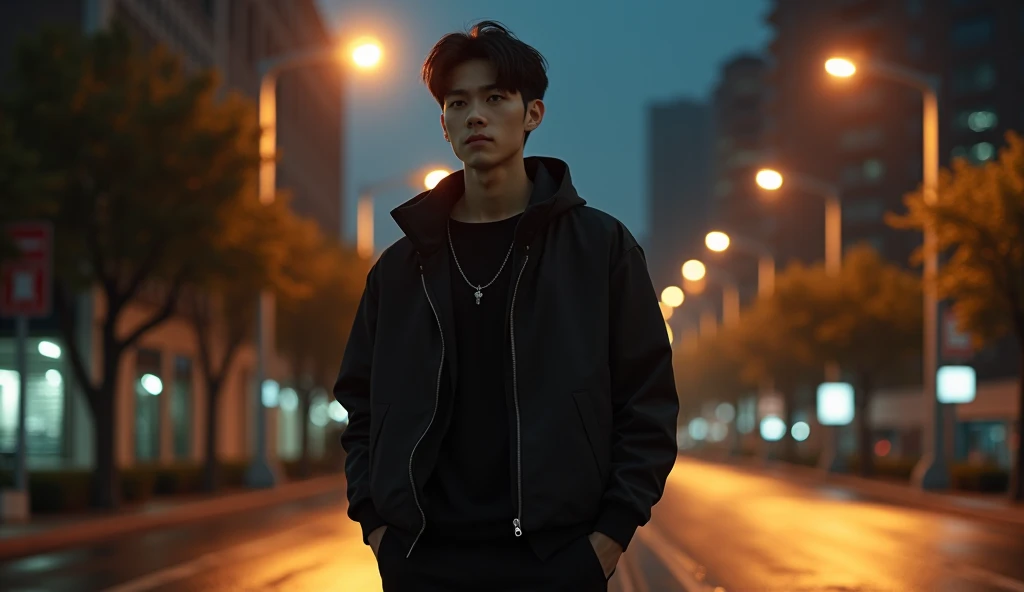 Korean teen man handsome model standing sad on the roadside at night