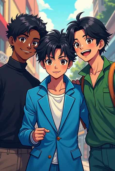 Three friends, one black and the other two white ,one wearing black clothes ,one with blue and the black with green , all with black hair 
They are all men 
Anime style 

