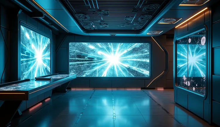 " Futuristic control room with intricate metal and glass design , exudes an elegant impression .  Large hologram screens glow electric blue ,  displays chaotic temporal data and cracks like broken glass .  Bright room with hologram light being the main sou...