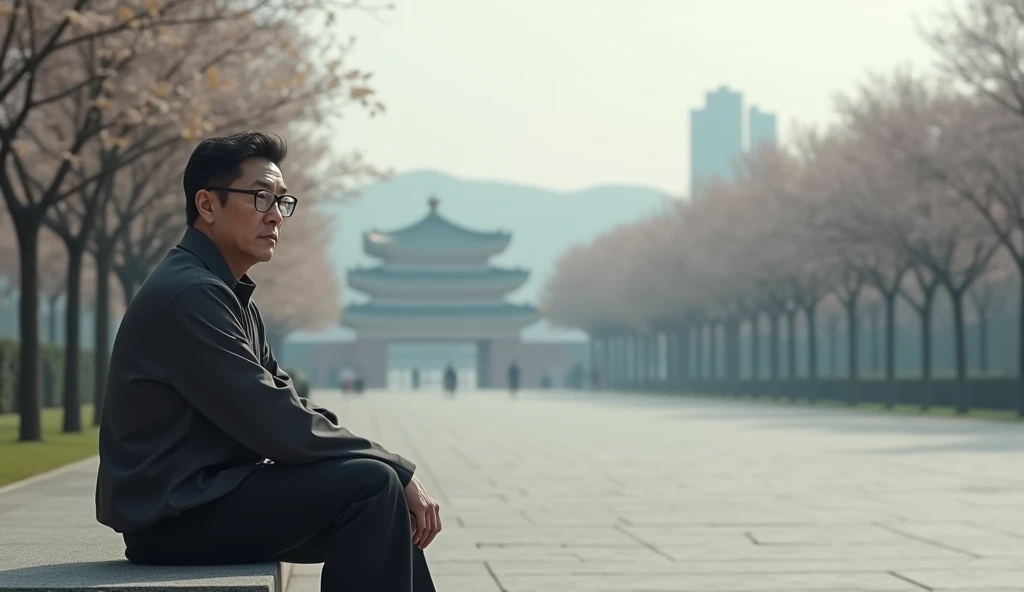 Give me a middle-aged Korean guy with glasses sitting on the left side of an empty square with a serious face 