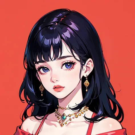  high definition , masterpiece,  1 girl,  black hair, Long Hair, Bangs,  gaze,  opening slightly,  off-shoulder 、 Necklaces 、 simple background, 