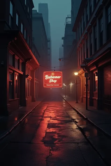  for an advertisement with a background of a city half closed but at night and with lights everywhere half orange not so yellow. Let the sign be in a butcher shop . That the poster is in the center of the image and that it is striking and empty 