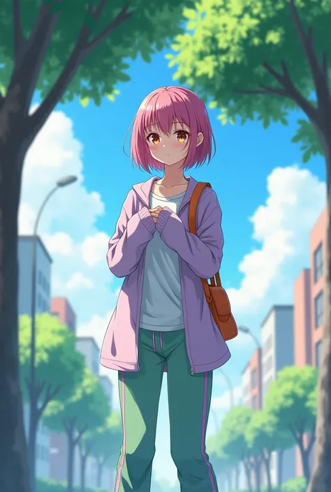  A 17-year-old anime lady , anime To love ru,  soft lighting ,  standing under a tree in a beautiful neighborhood of the city of Tokyo in the day with a blue sky. I measure 167 cm tall, Her measurements are: B 60, At 30, H 75 ;  She has short magenta hair ...