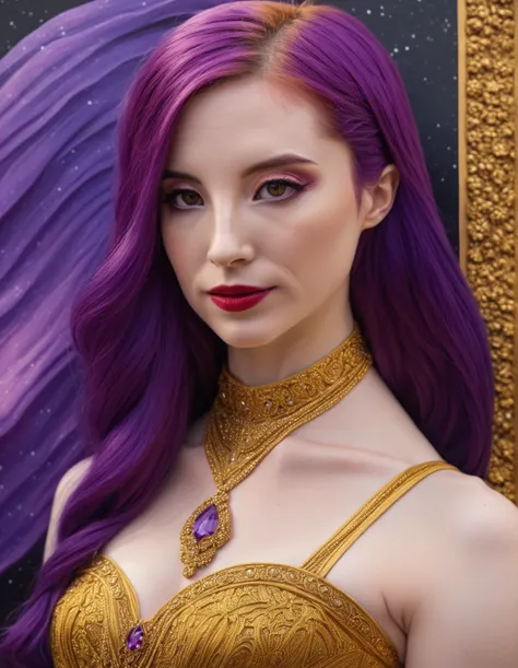 a close up of a woman with purple hair and a gold dress, a hyperrealistic painting inspired by Ikuo Hirayama, reddit, renaissance, better known as amouranth, erza scarlet as a real person, amouranth as a super villain, young beautiful amouranth, amouranth,...