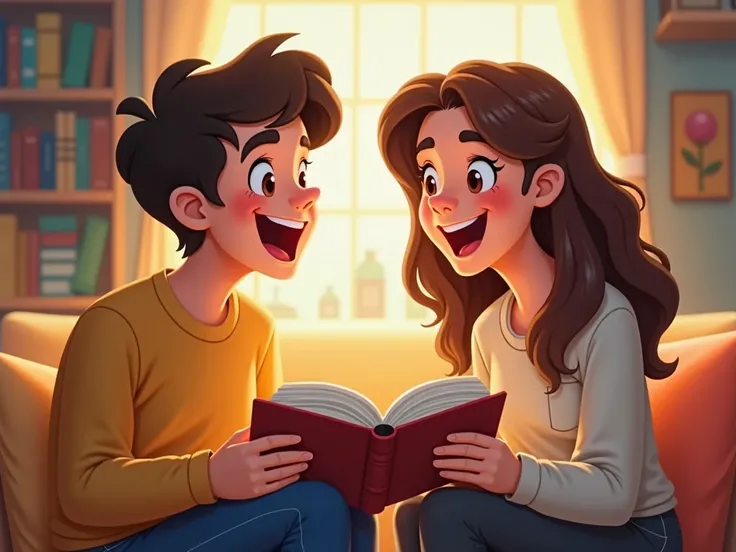  make two people talking with a book in their hand on each one, With an interested and cheerful face and that they are both men 