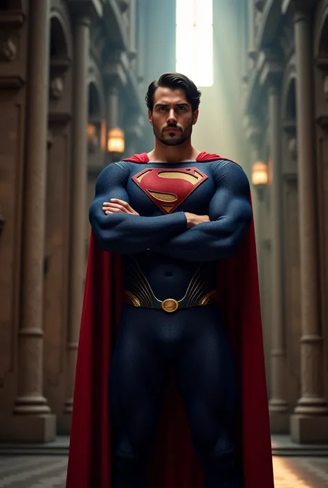 Nicholas Alexander Chavez, muscular, tanned skin, chiseled jaw, strong physique, dressed with a Superman costume, small beard, inside a castle, intense backlight, hero, cape, arms crossed, cinematic lighting, dramatic poses, heroic, bold colors, vivid deta...