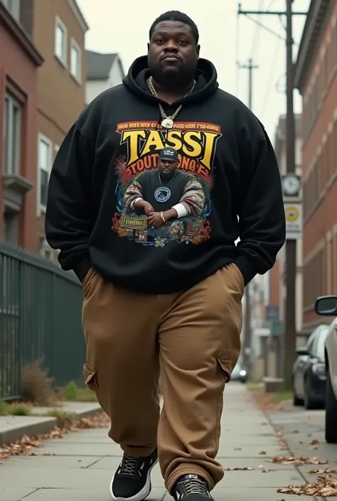 realistic and detailed image of the notorious big guy wearing a black Tassi Street Scene sweatshirt as in the following image in parentheses (file:///c:/users/user/Desktop/ 9b8200c8-bd38-42f9-b1a9-a289df49e67a .jpg) With capus beige brown jeans , tenis da ...