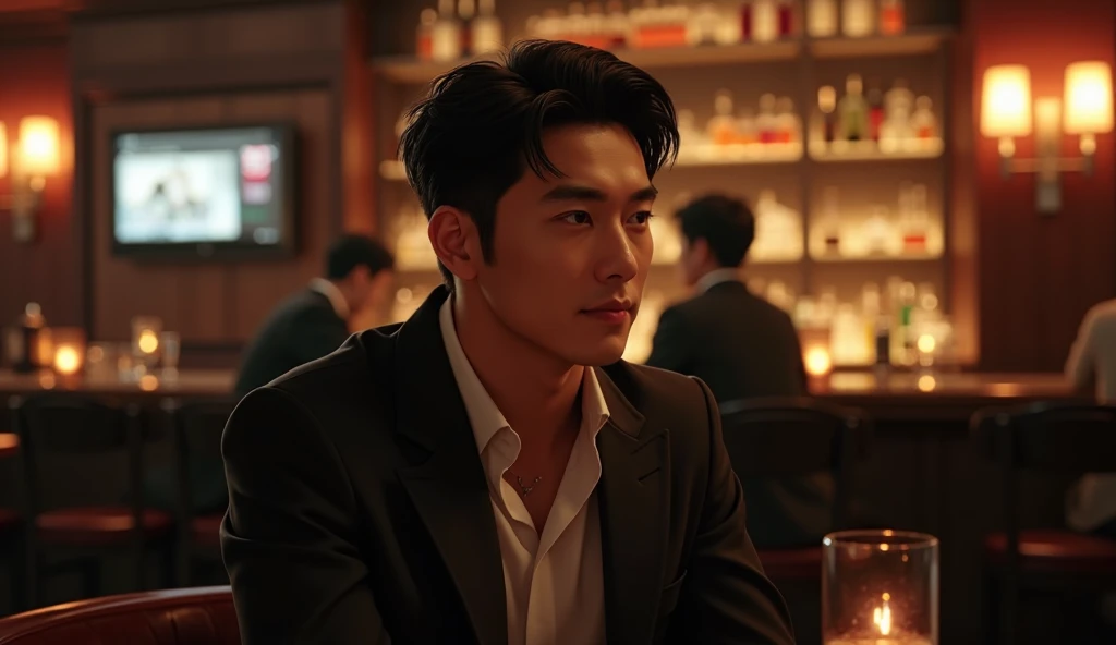 Smart handsome korean man sitting in a bar at night