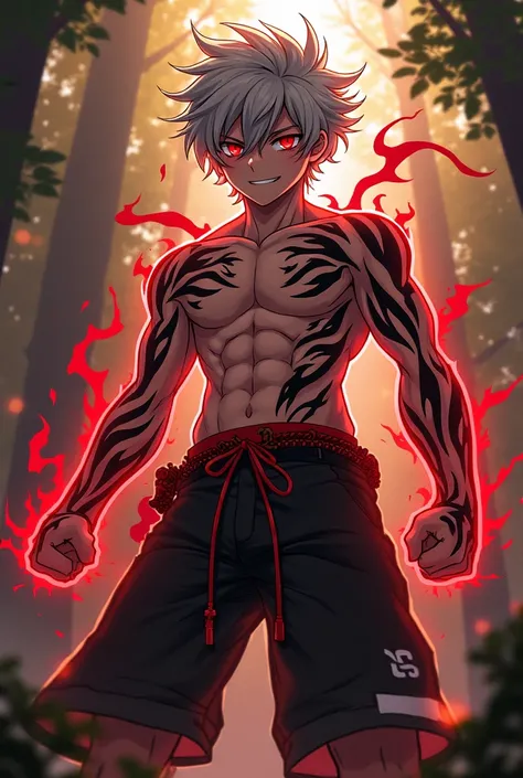 Seventeen-year-old anime boy, dark silver hair, red eyes, bright, marked physique and wearing black pants with a red ribbon at the waist, sports shoes, black and red marks on the body, chest, arms, fists closed with red energy, coming out with a carnage sm...