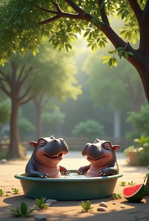 Full details, High definition, Realistic, Cute and cheerful little hippo, Playing in a tub under a big shady tree, Mother hippo is sleeping and eating watermelon nearby, Wide courtyard atmosphere, In a shady natural zoo, 48k, suhd.