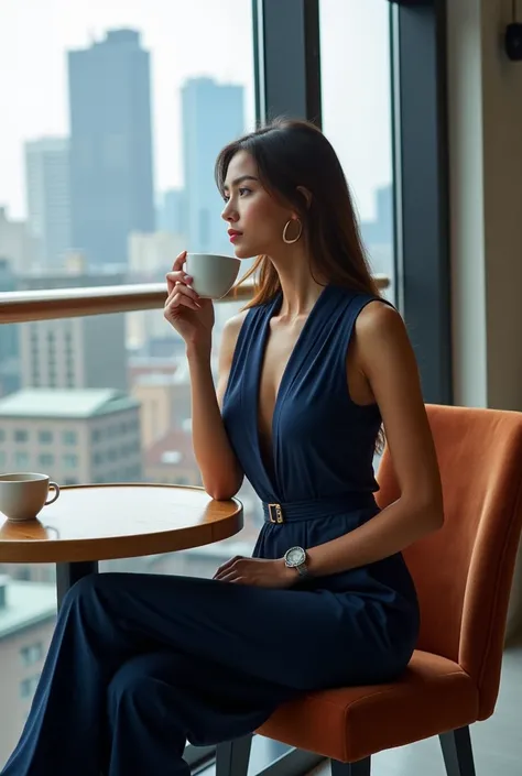 A tall and athletic 24-year-old woman , using a, navy blue jumpsuit with marked and well-fitting waist and silver accessories.  She is in a chic urban café with floor-to-ceiling windows , elegant,  enjoying a cup of coffee while taking in the city skyline.