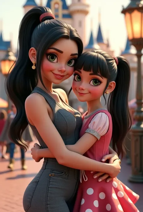  Creates a hyperrealistic image ,  in high resolution 8k ,  perfect texture of a mother and her young daughter .
Features of a woman :  of the singer Dua Lipa .
pose:  with full body feet , mother tenderly embraces her young daughter while kissing her chee...