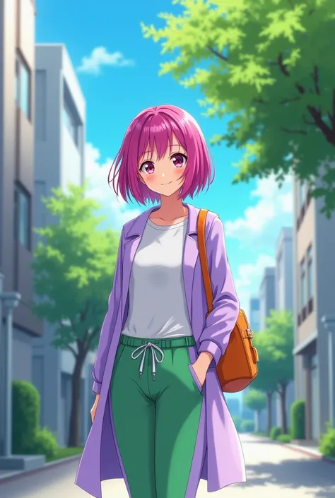  A 17-year-old anime lady , anime To love ru,  soft lighting ,  standing under a tree in a beautiful neighborhood of the city of Tokyo in the day with a blue sky. I measure 167 cm tall, Her measurements are: B 60, At 30, H 75 ;  She has short magenta hair ...