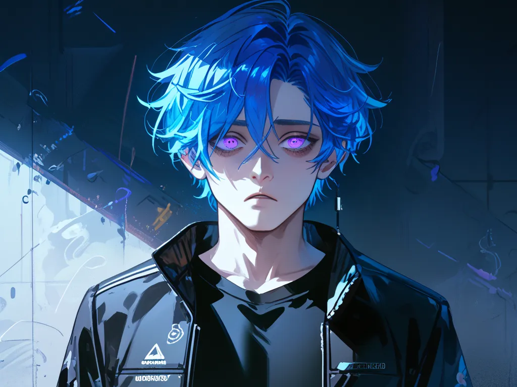 1boy, neon blue hair, glowing purple eyes, dead eyes, depressed, wearing black jersey jacket, masterpiece, best quality