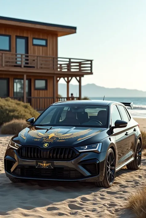 4. Beach House with a Car: Sport super night black heavy metalic 2024 Škoda Fabia RS IV eagl decal in 1977 Pontiac Firebird Transam Bandit-style on hood with gold ornaments, A seaside house with a wooden deck and ocean views, with a car parked out front.