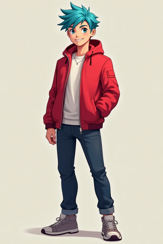 Of a white boy with blue hair in a red jacket who is 24 years old full body 