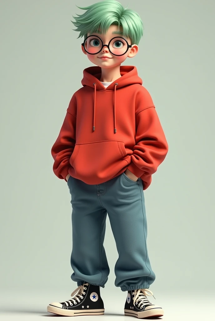 A fair-skinned boy , light green hair, medium size,  seem to be a teenager at 14,  jeans loose on the foot and leg and Allstar black, Wear a loose red sweatshirt too, And on the face there are round black glasses 