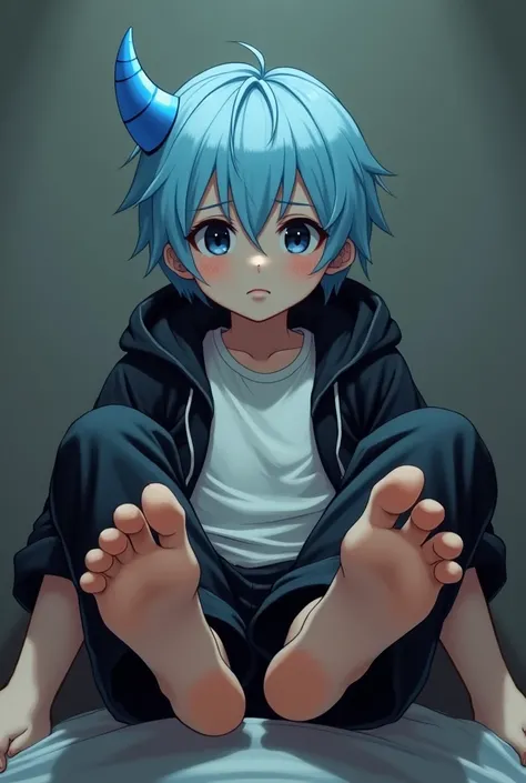 A cute boy showing his stinky feet low angle,barefoot, Foot Focus,White T-shirt, Black Hooded Jacket, There are bangs between the eyes,short hair,Light blue hair, Black pants, Anatomically correct, There is a single blue horn in the middle of the head, bla...