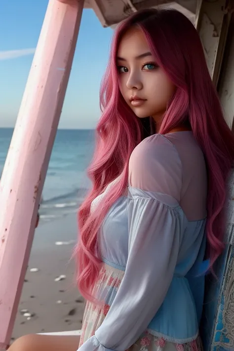 An Asian girl taking a selfie long pink hair and blue eyes this beautiful at the beach ai girl, cute selfie, girl selfie, selfie aestheticsoft makeup, pretty, ethereal, beautiful, angelical, angelical beauty, dark eyes, pretty eyes, dark hair