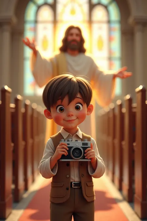 A boy at church with straight hair and brown eyes taking a picture with a camera and Jesus looking at cartoon style
