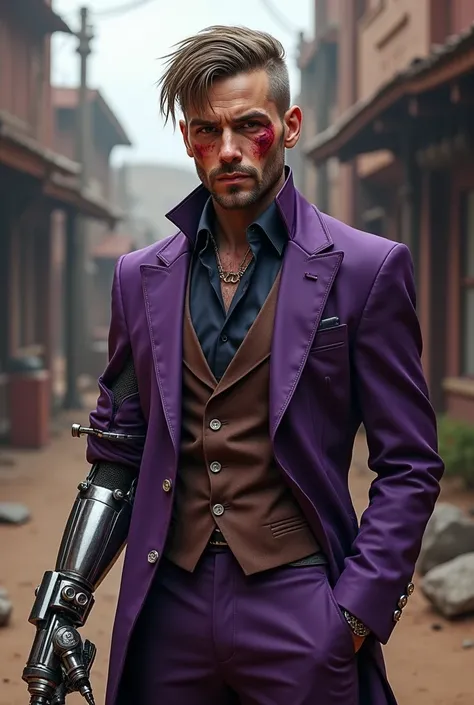 Steampunk Western man wearing purple mobster suit , with medium black hair,  robotic arm and reddish white skin with burns 