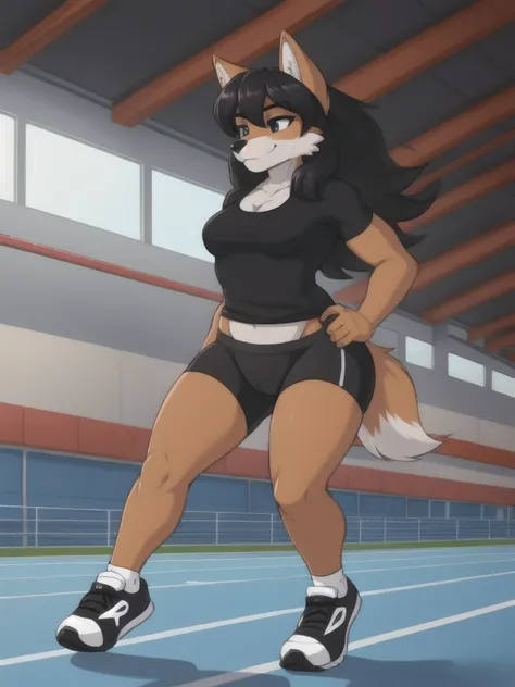 Furry, wolf, female, black shirt, black spandex bike shorts, shoes, indoor running track, twin sister, competitor, full body