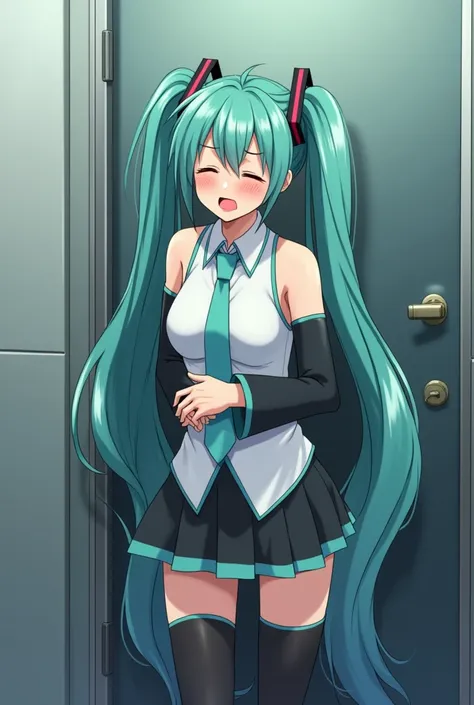 naked Hatsune Miku, queuing in the toilet , holding his stomach because he had to poop, banging on the toilet door, accidentally farted