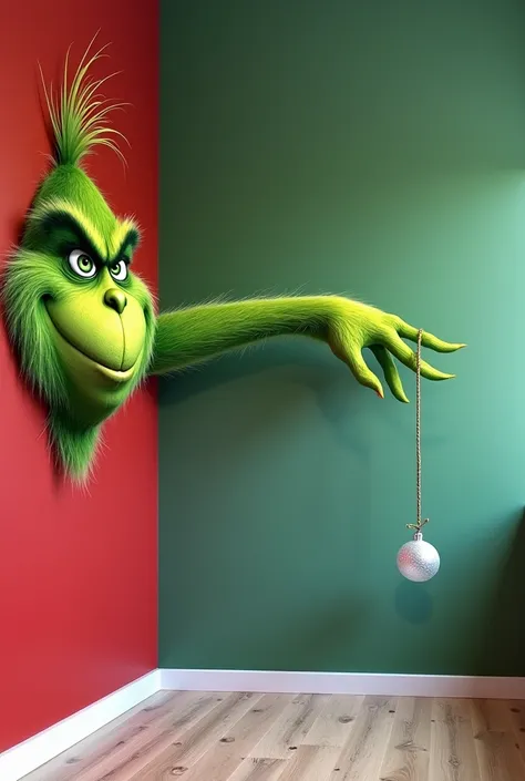 Crea unimmagine 2D di un design angolare di parete.  On the left wall , illustrates the Grinchs face with a distinctive mischievous expression characteristic of the Grinch. On the right wall ,  extend his arm so that it covers the entire surface ,  ending ...