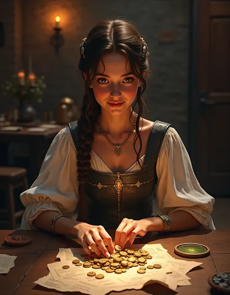 8k, Ultra HD, vibrant lighting, high contrast. Generate an image of a medieval woman in a dress with a single iron breastplate. The rest of her is unarmored. She is sitting on a table. The image is from the viewers POV at a high angle. The woman is countin...