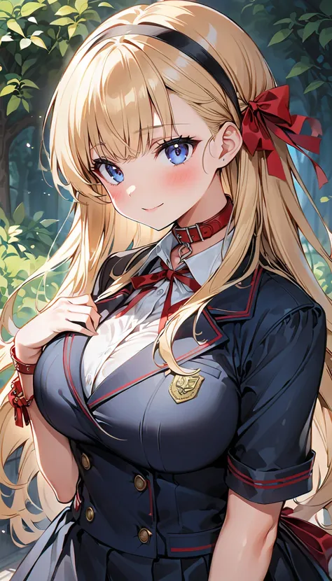 ((High school girl))、((anime))、1 Girl、 long hair、Blonde、Loose hair、 princess cut、black hair band 、 side lock、（( side tail)）、 Gentle Expression 、blush、Dark blue eyes、Fair skin、((Big Breasts))、Honor student、 navy blue blazer、 double breasted blazer 、 white s...