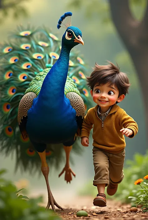 Peacock ran beside a boy