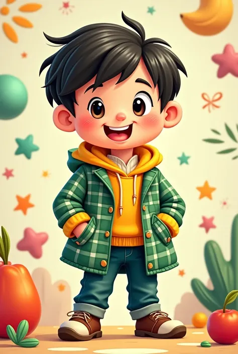 preschool boy , green and white checkered overcoat with yellow collar,  cartoon style
