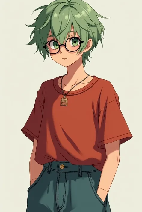 A fair-skinned boy , light green hair, medium size/Grown up and untidy ,  seems to be a teenager at  ,  loose jeans in the foot and leg and Allstar black,  she wears a loose cold red blouse too, And on the face there are round black glasses , She has hair ...