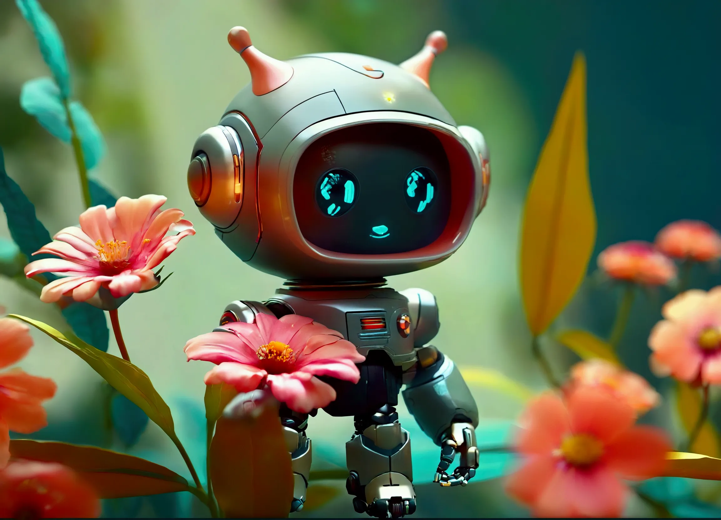  a close up of a robot with a flower in its mouth,  digital art inspired by Beeple ,  trend in polycount , arte digital,  humanoids covered in flowers , Stylized 3D Render,  Beeple rendered in 3D , Nice 3D rendering, robot lindo, robot photography , Stylized 3D rendering, stylized Digital Art
