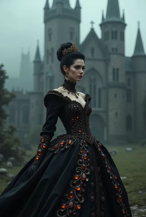  breathtaking gothic queen ,beautiful eyes, black hair with a bun ,  black dress with many rust-colored crystals , many luxurious jewels . Background a very dark Gothic castle very foggy 