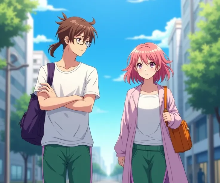 a man and a woman (friends) From the anime of 18 years old , anime To love ru,  soft lighting ,  walking in a beautiful neighborhood of the city of Tokyo in the day with a blue sky, He is 1, 70 centimeters tall ,  slim and somewhat stocky body , , his hair...