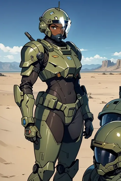 sci-fi, In front of a lake in the desert, battle armor  , vast  battle  suits,  holding assault  rifle,  tactical  helmet,  gauntlet , african  sexy man 