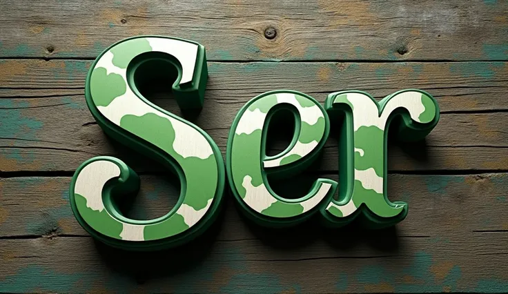 A 3D render illustration of a green, and white camouflage name "SER" in a calligraphy-style bold font. The name is placed on a wooden background. The overall image has a vintage feel.