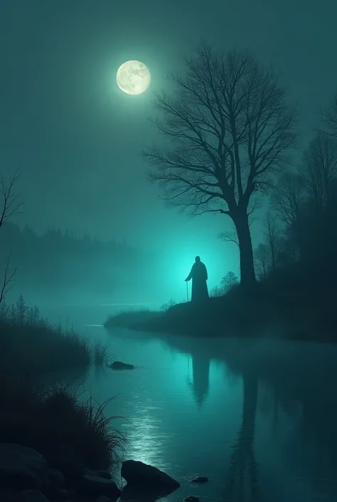  Background illustration of a horizontal shape on the edge of a lake filled with fog, with a mysterious silhouette shadow lurking behind a tree in the distance .  A turquoise light spotlight radiates from the lake , creates a magical and sinister atmospher...