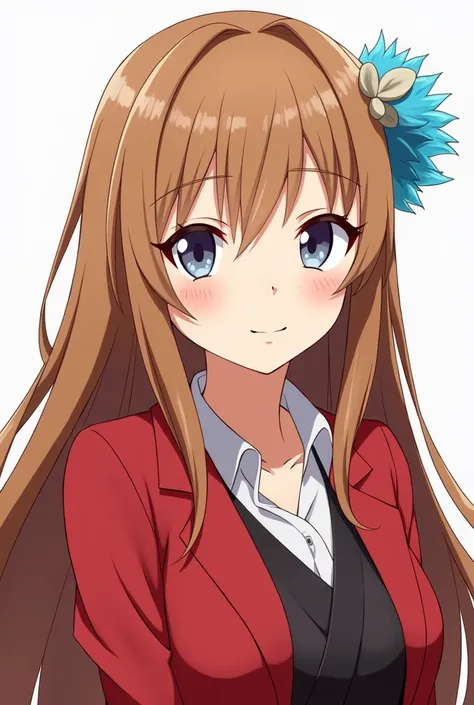 Miku Nakano with brown hair wearing a red jacket and a blue tuft ,  long hair  