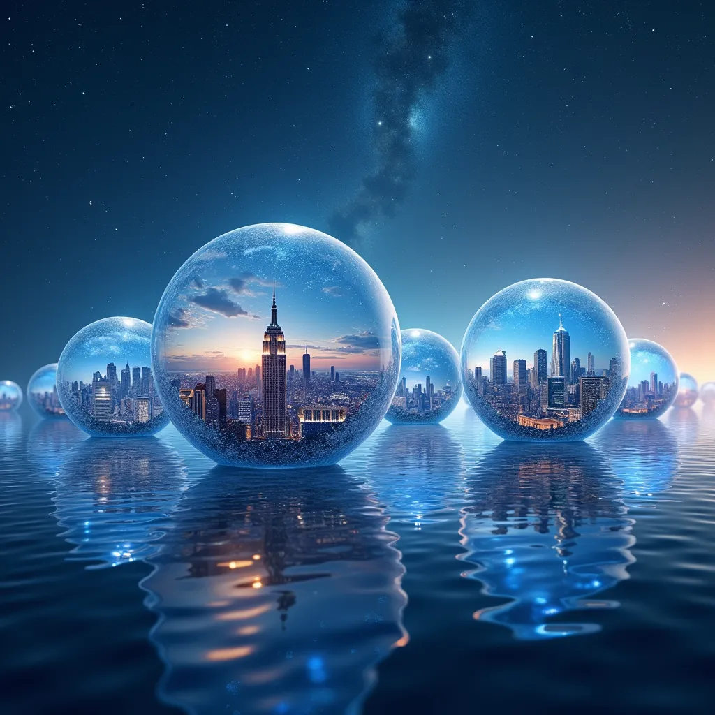 Many water balls are drifting in the beautiful galaxy. Each of them reflects different cities from other countries