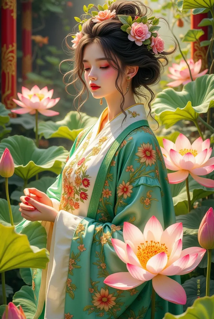 a beautiful young goddess, intricate floral patterns, ancient chinese silk robes, floating in a tranquil garden, ornate temple a...