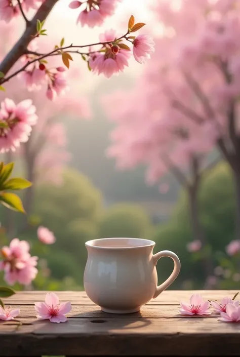  wooden table with a small mug on a beautiful background, on which you can see cherry blossoms  