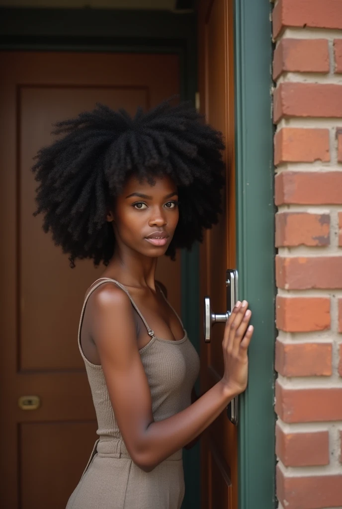 In realistic images Generate an image of a dark black lady with Afro hair knocking on a door of a university dorm 